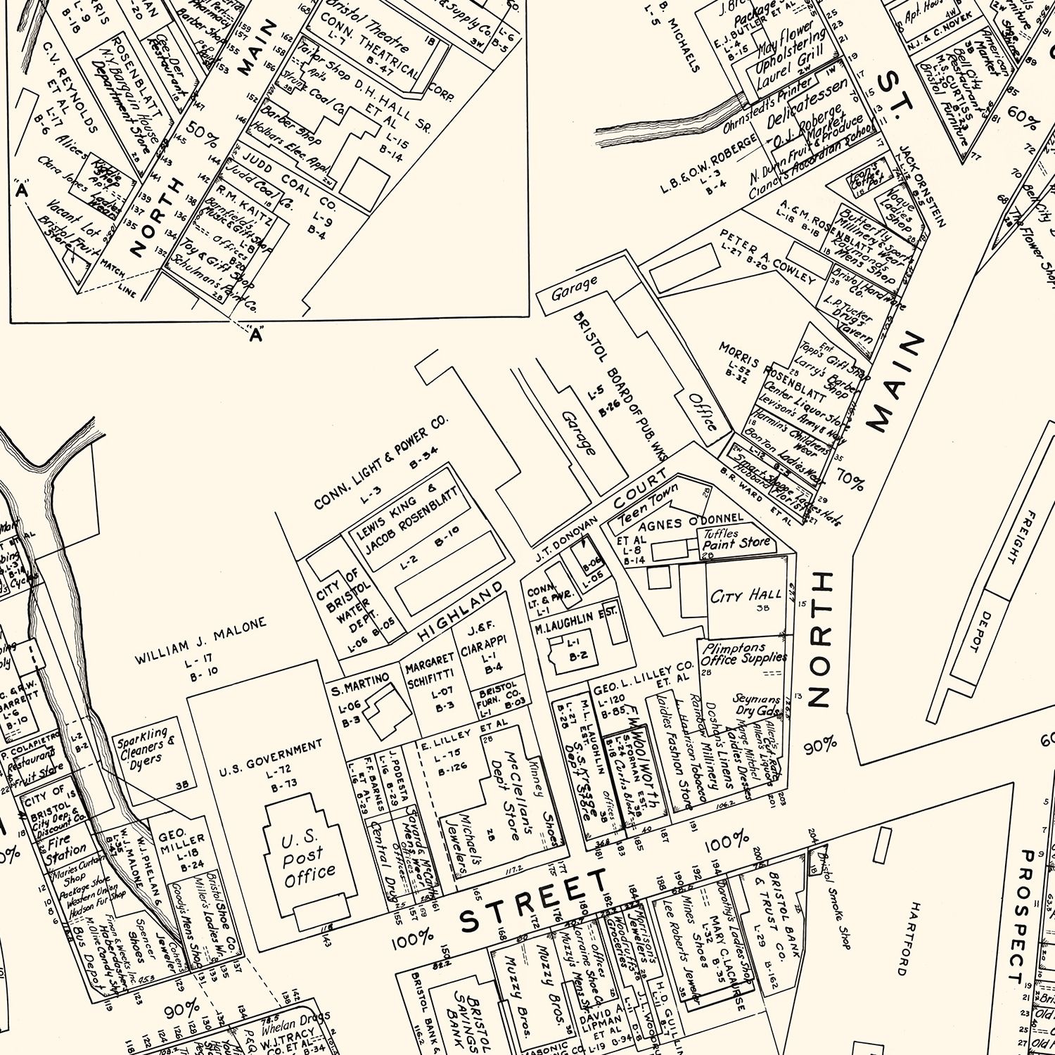 Vintage Map of Bristol, CT Business Section 1946