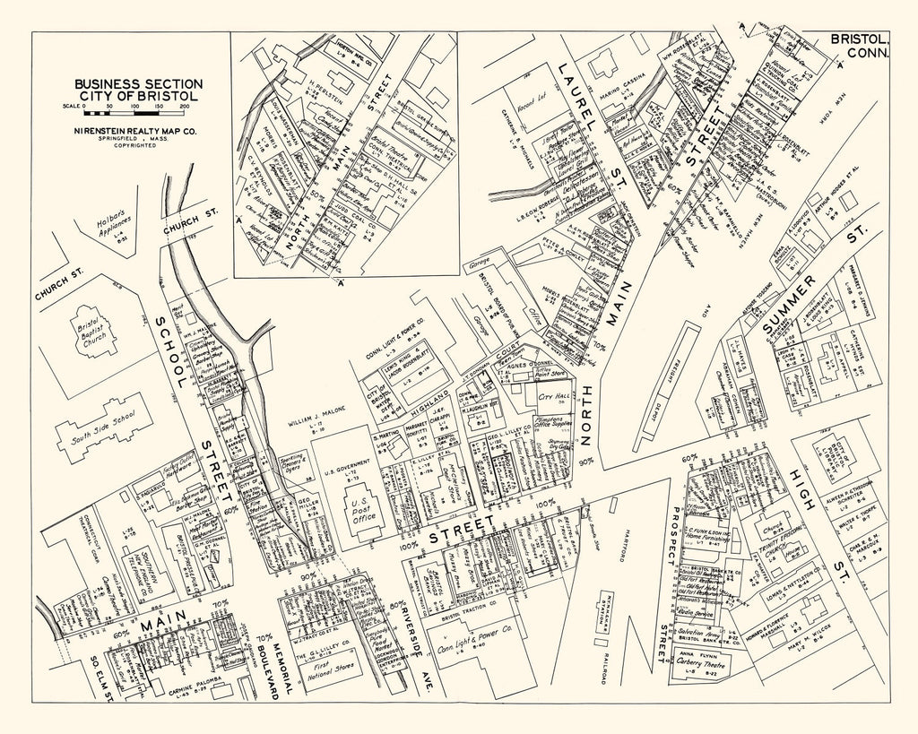 Vintage Map of Bristol, CT Business Section 1946
