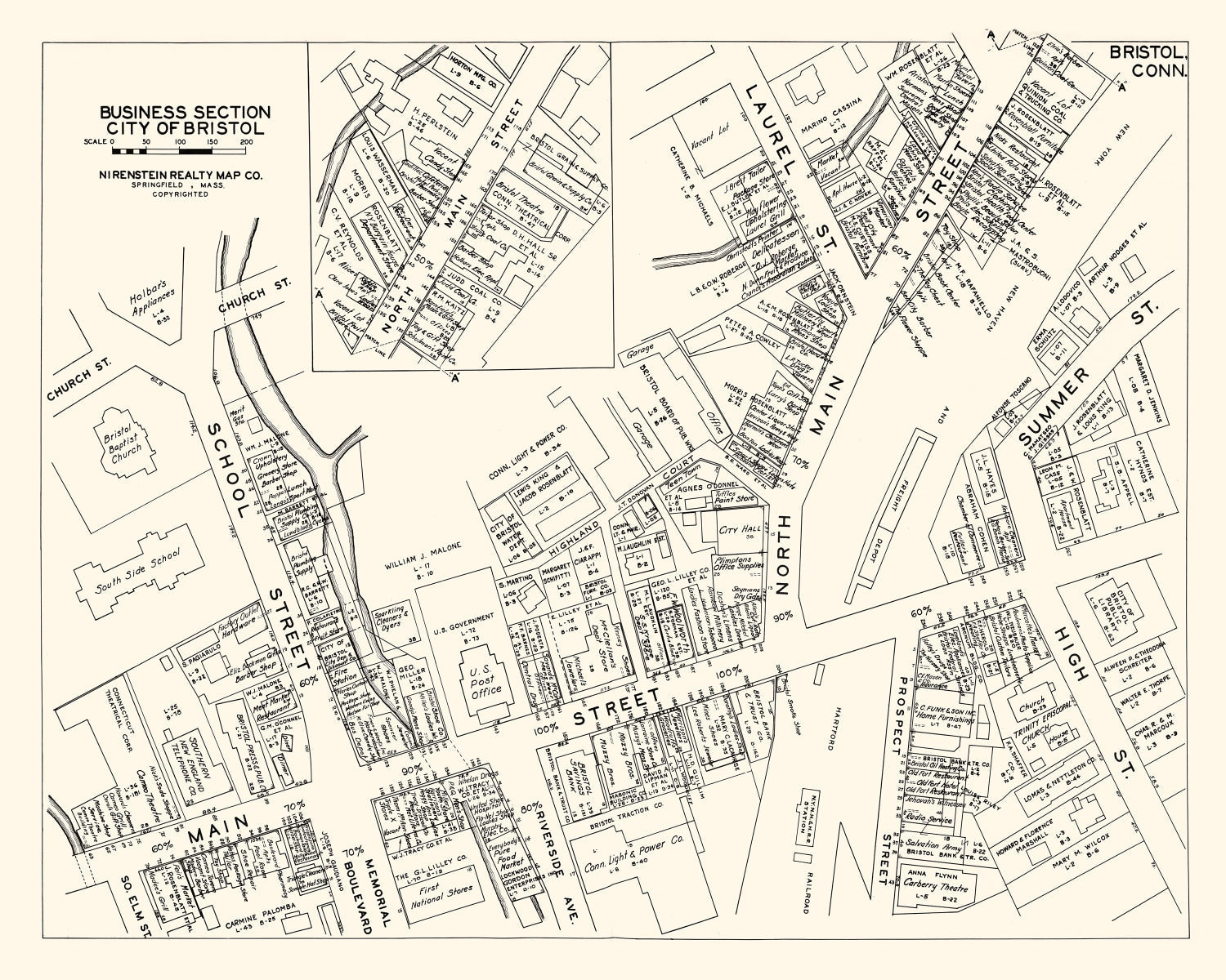 Vintage Map of Bristol, CT Business Section 1946