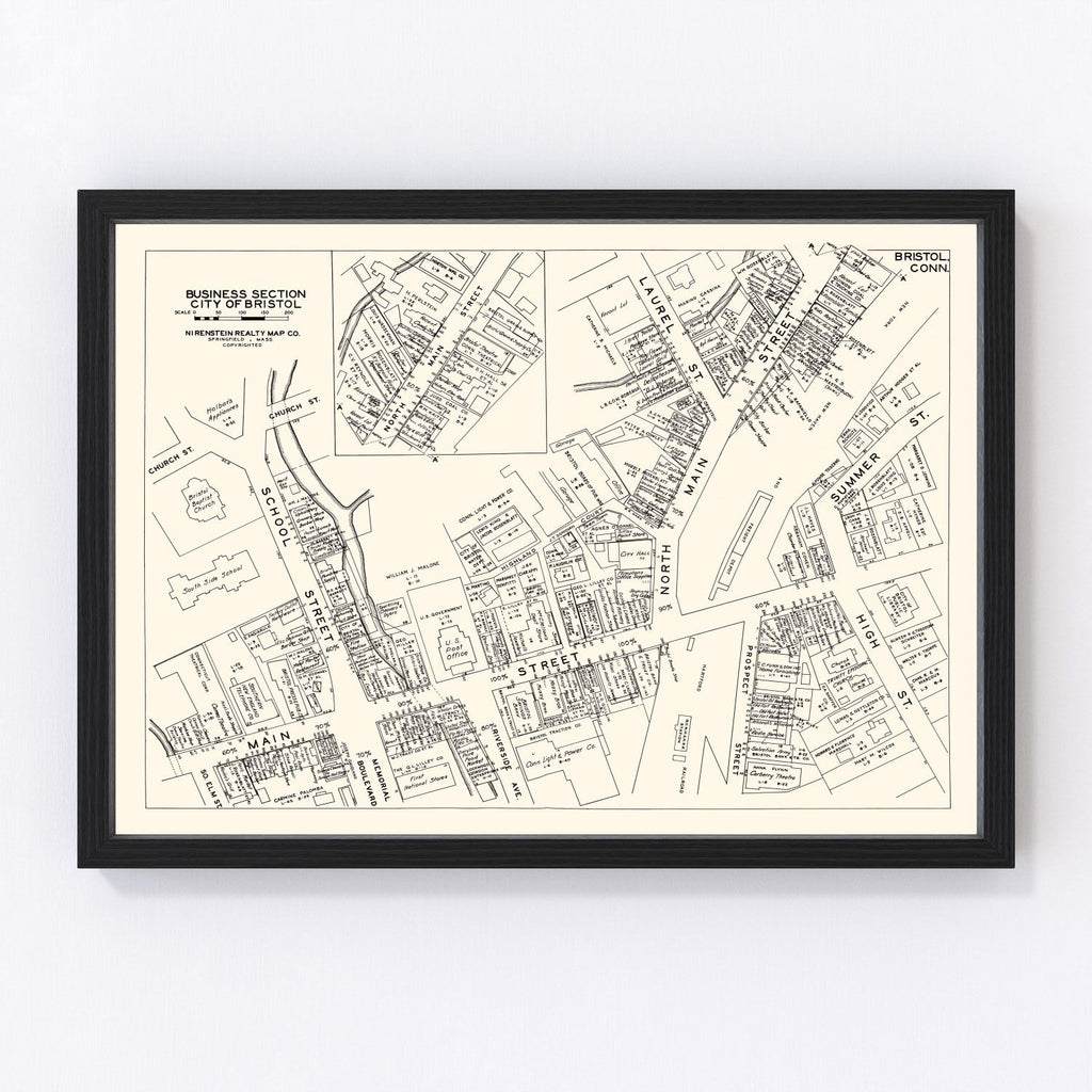 Vintage Map of Bristol, CT Business Section 1946
