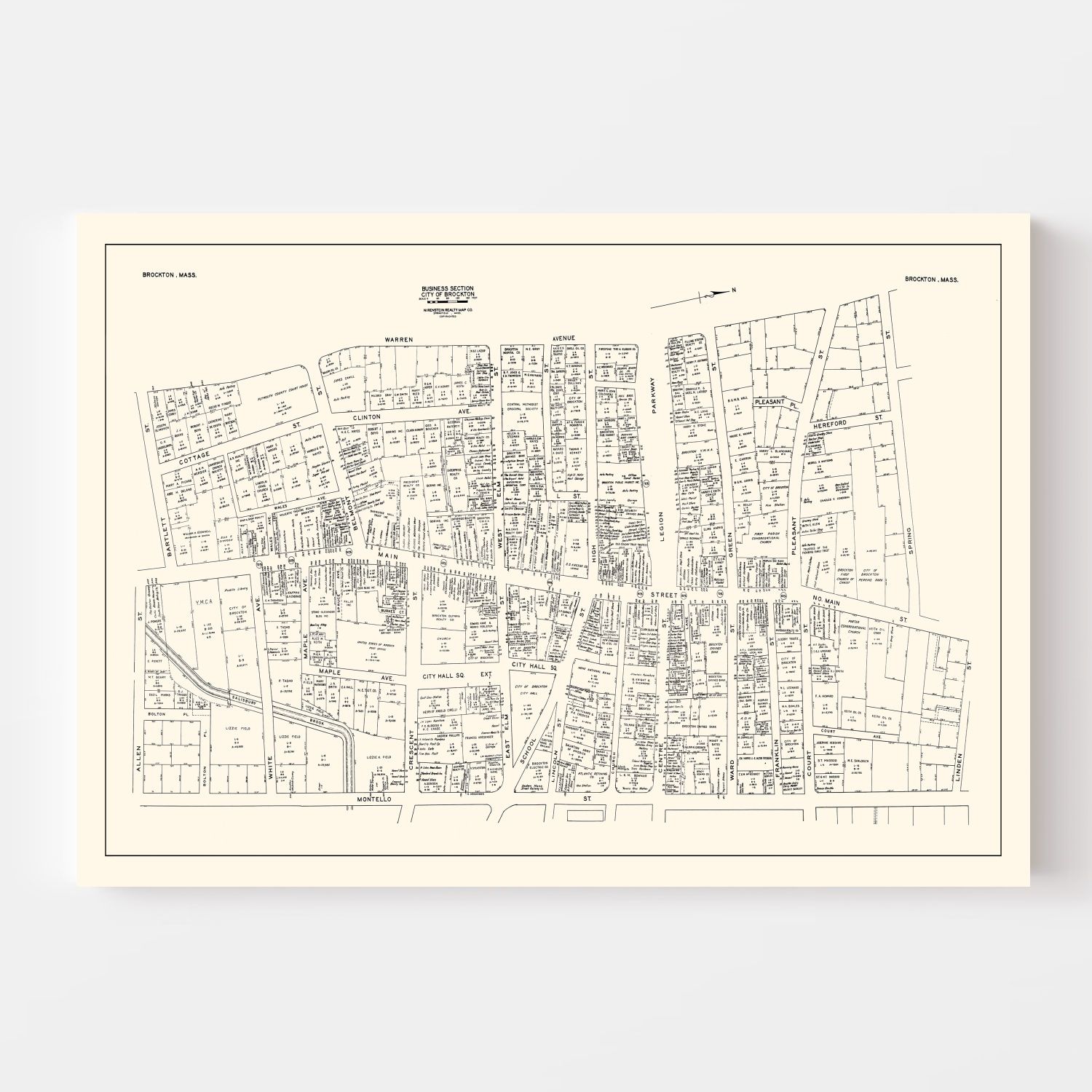 Vintage Map of Brockton, MA Business Section 1946