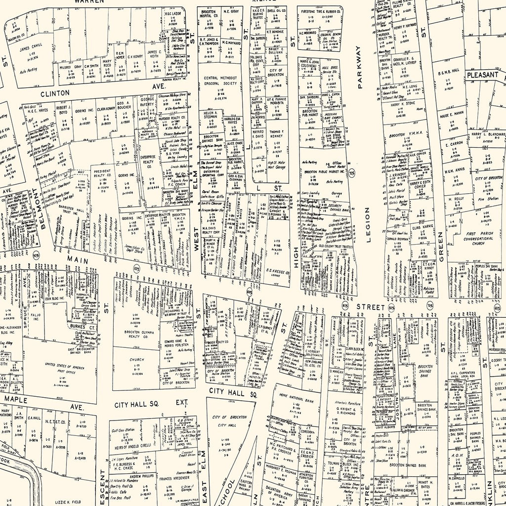 Vintage Map of Brockton, MA Business Section 1946