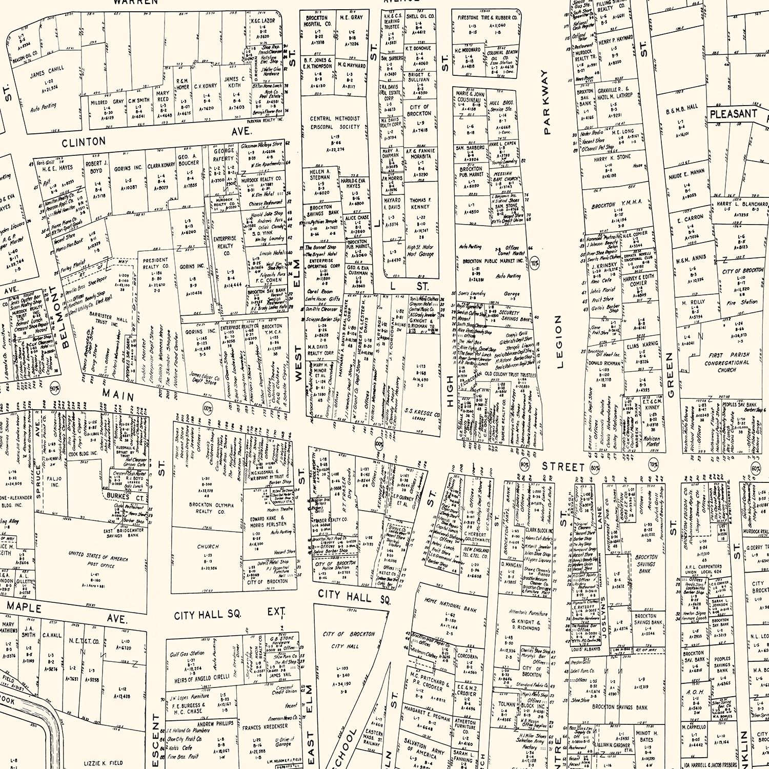 Vintage Map of Brockton, MA Business Section 1946