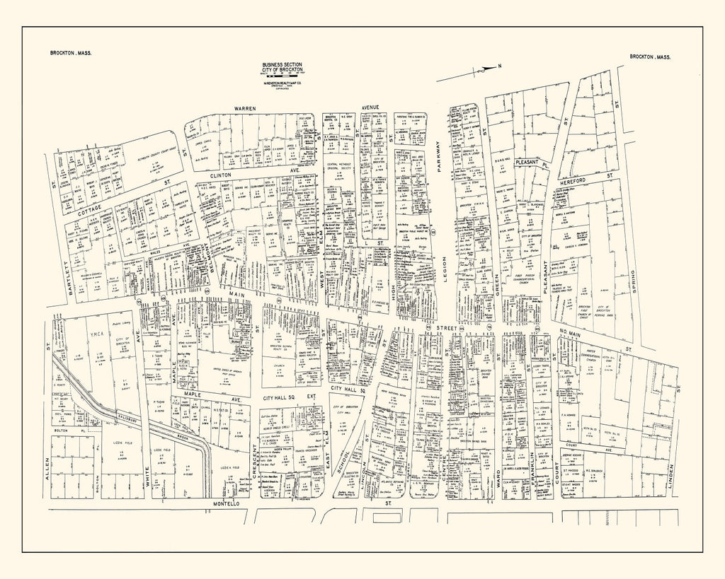 Vintage Map of Brockton, MA Business Section 1946