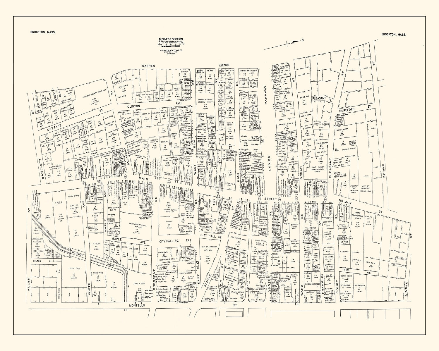 Vintage Map of Brockton, MA Business Section 1946