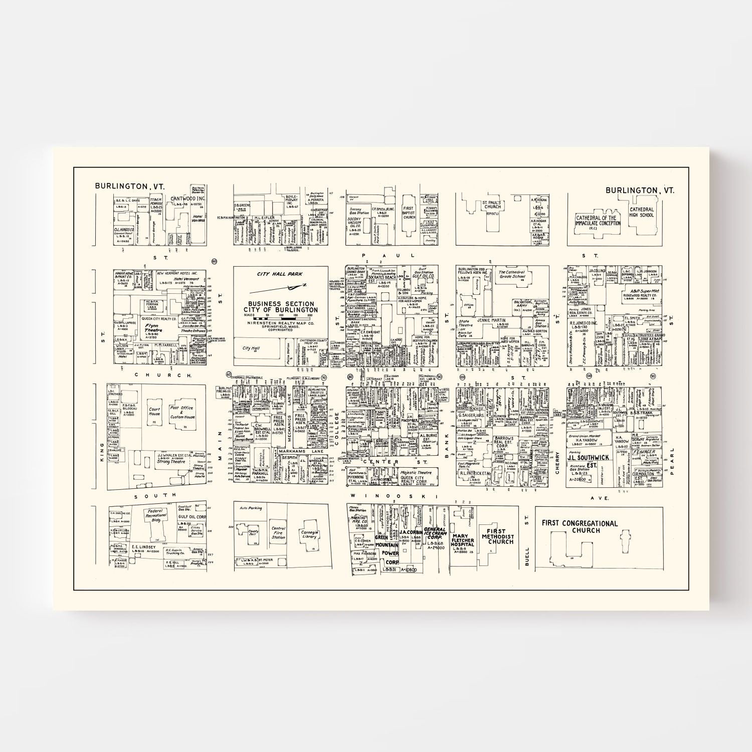 Vintage Map of Burlington, VT Business Section 1946