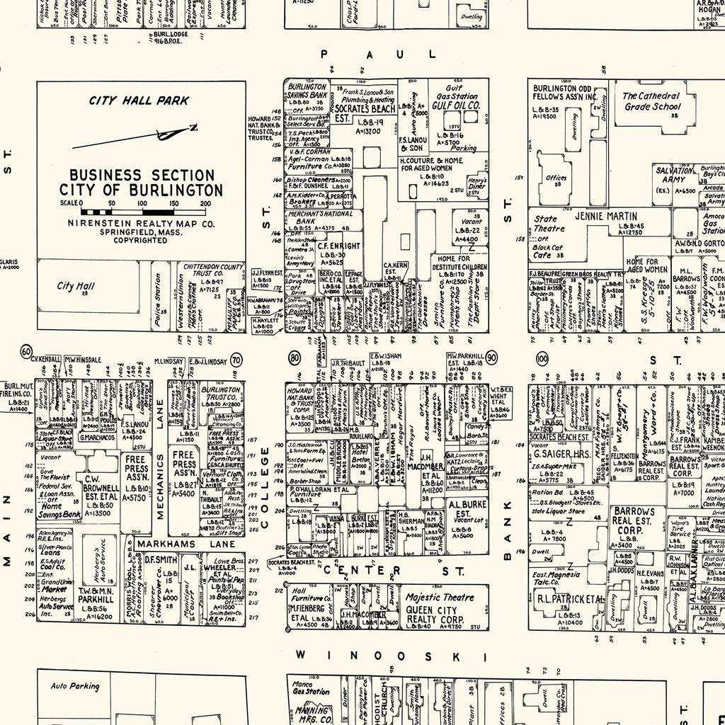 Vintage Map of Burlington, VT Business Section 1946