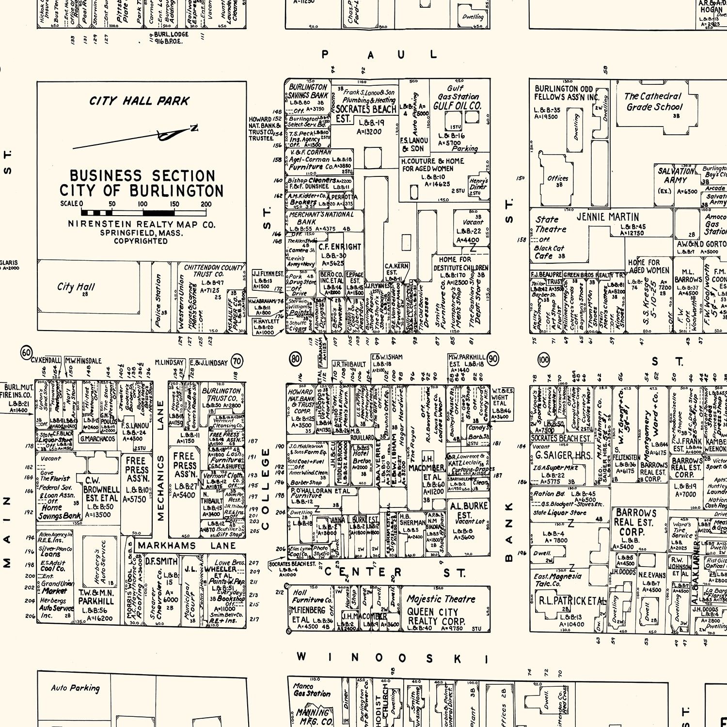 Vintage Map of Burlington, VT Business Section 1946