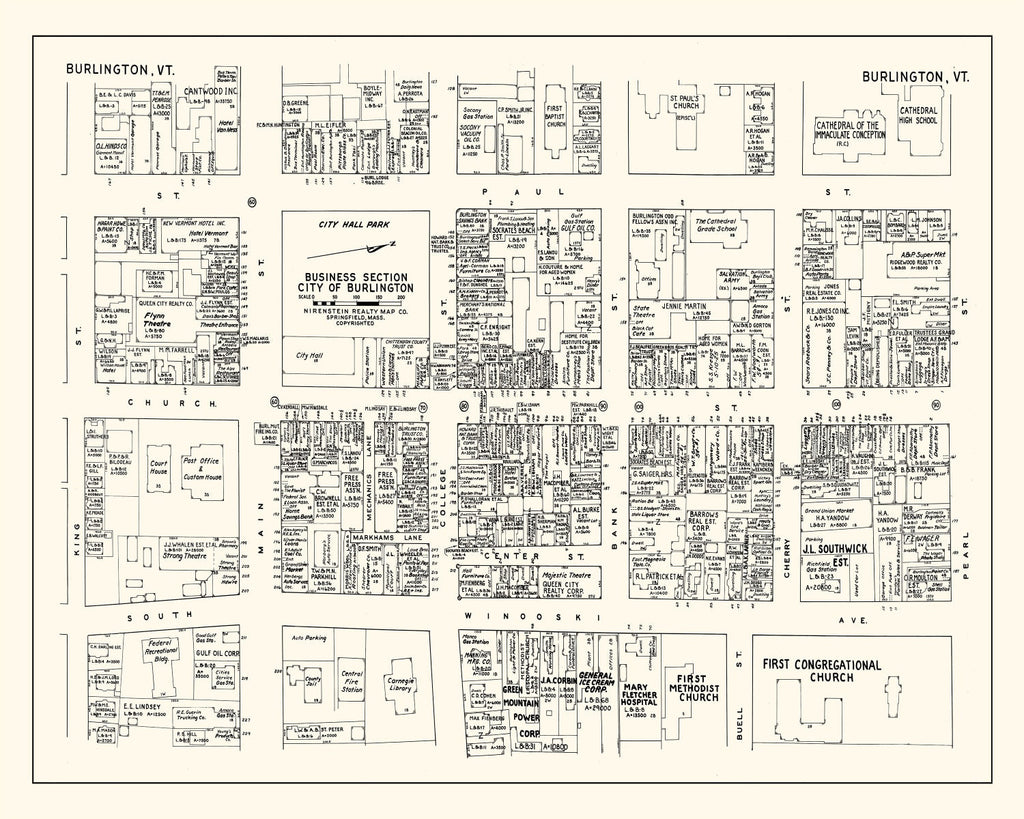 Vintage Map of Burlington, VT Business Section 1946