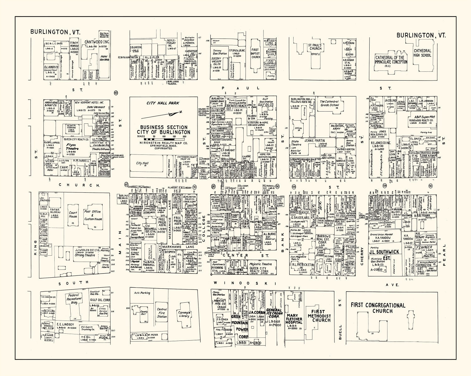 Vintage Map of Burlington, VT Business Section 1946