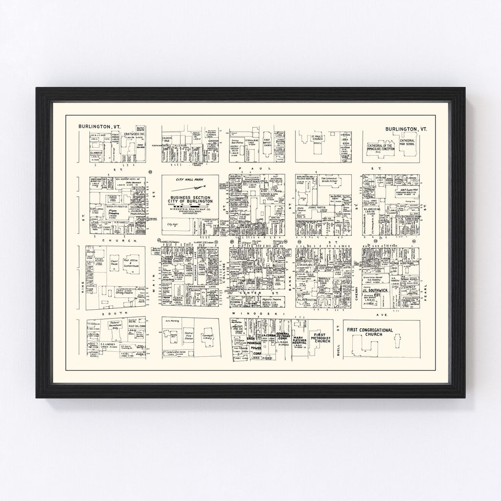 Vintage Map of Burlington, VT Business Section 1946