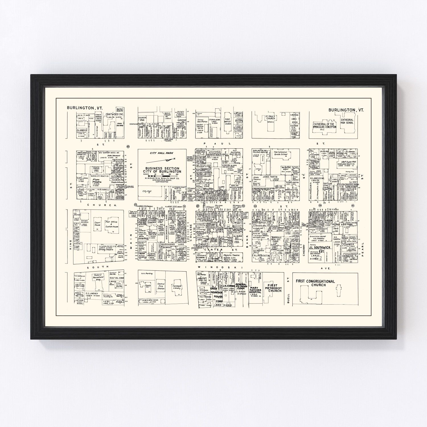 Vintage Map of Burlington, VT Business Section 1946