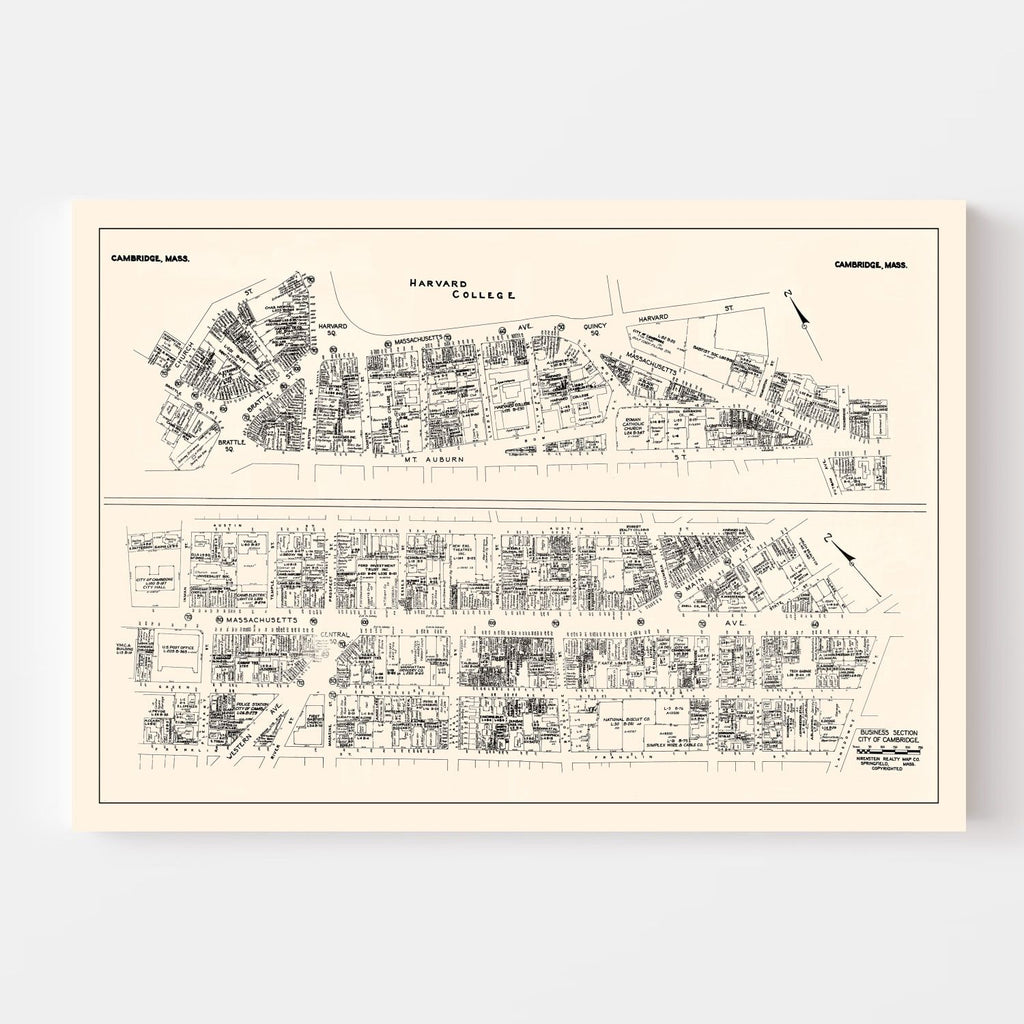 Vintage Map of Cambridge, MA Business Section 1946