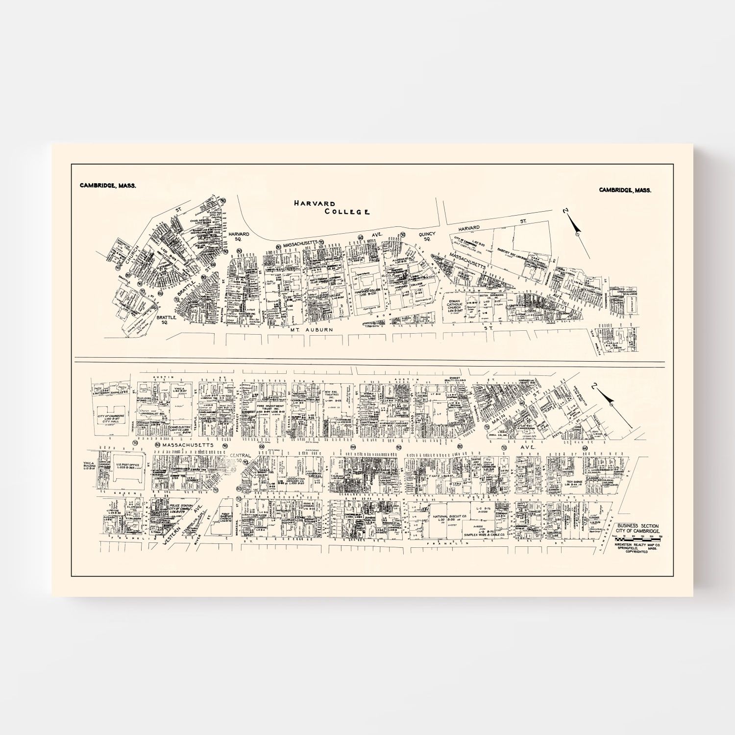 Vintage Map of Cambridge, MA Business Section 1946