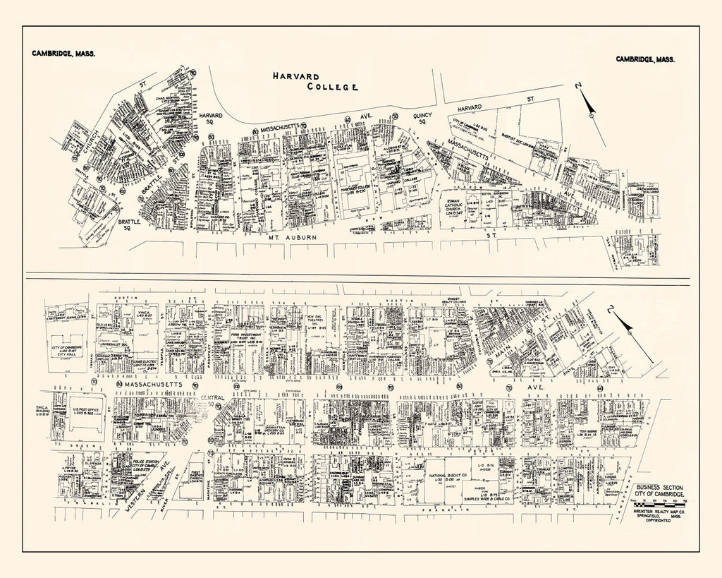Vintage Map of Cambridge, MA Business Section 1946