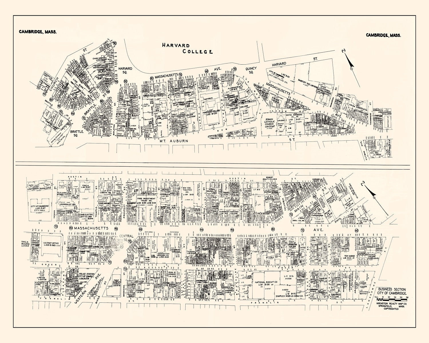Vintage Map of Cambridge, MA Business Section 1946