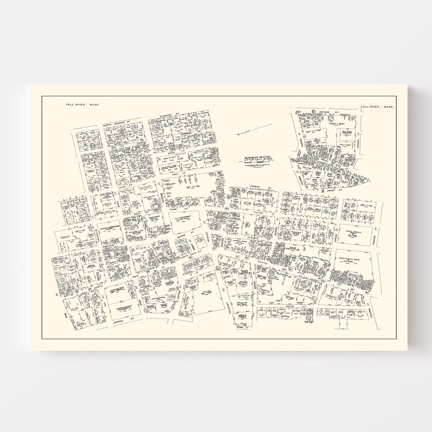 Vintage Map of Fall River, MA Business Section 1946