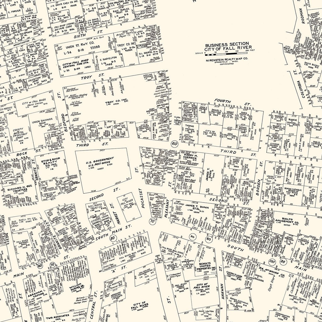 Vintage Map of Fall River, MA Business Section 1946