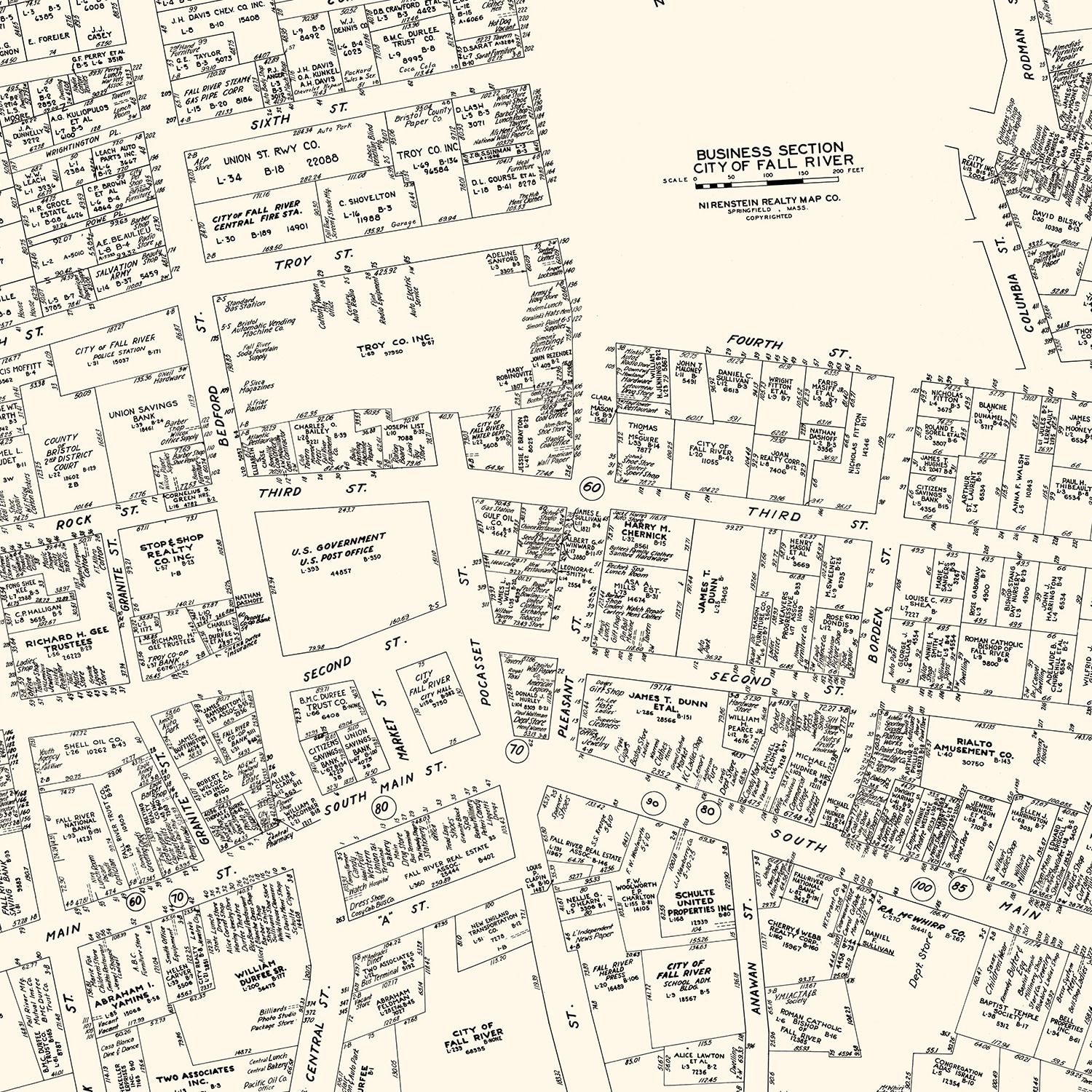 Vintage Map of Fall River, MA Business Section 1946