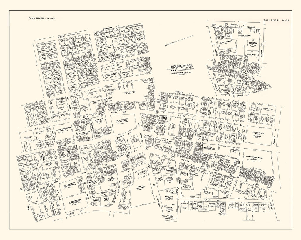 Vintage Map of Fall River, MA Business Section 1946