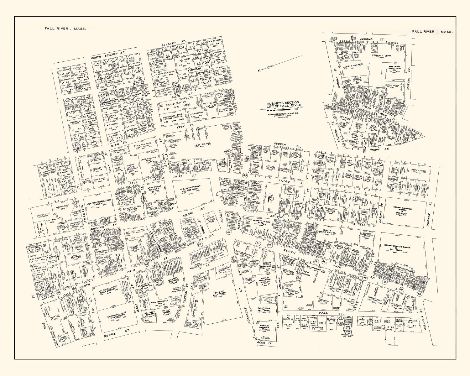 Vintage Map of Fall River, MA Business Section 1946