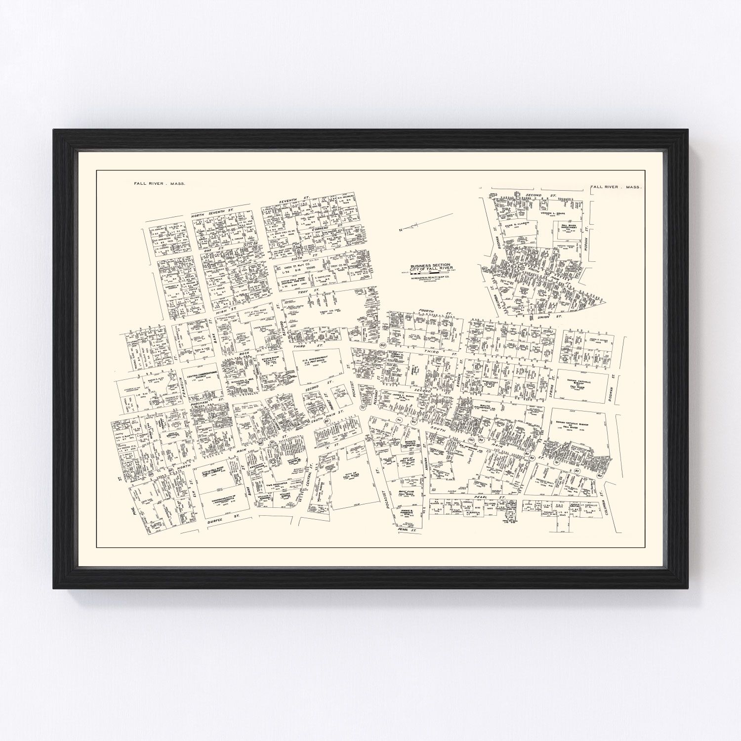 Vintage Map of Fall River, MA Business Section 1946