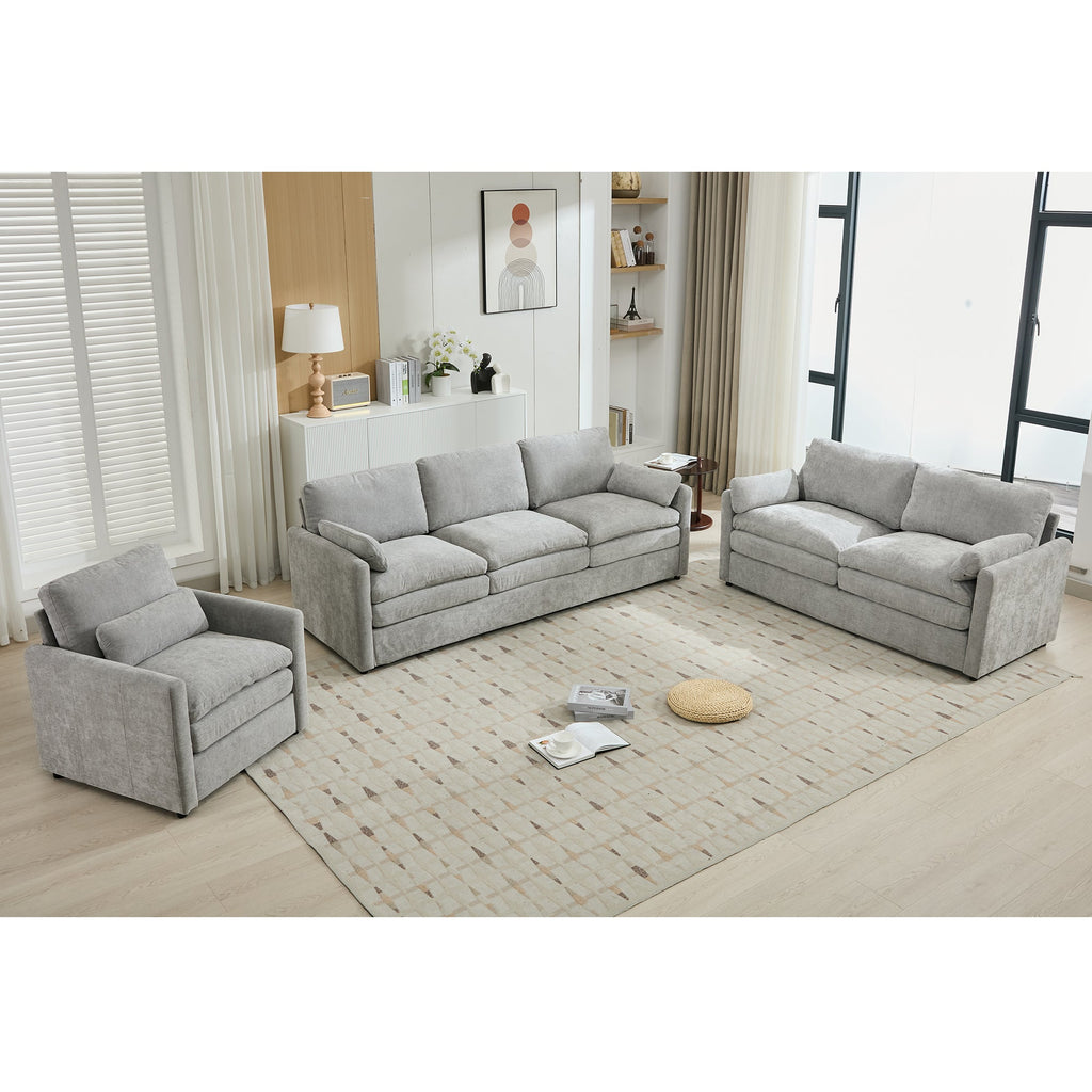 Cozy Upholstered Sofa Set with Double Cushion Design, Light Grey Chenille Fabric, Modern Living Room Couch