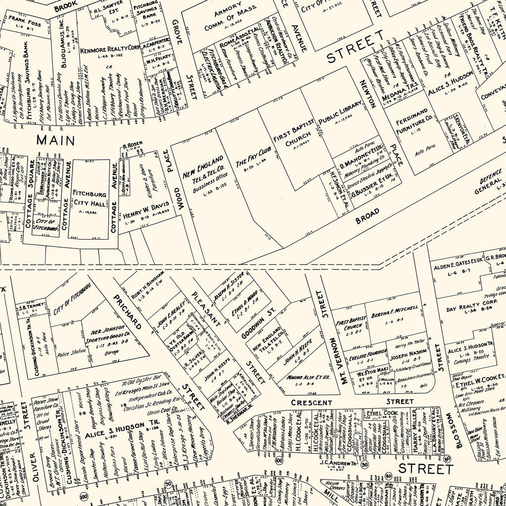 Vintage Map of Fitchburg, MA Business Section 1946