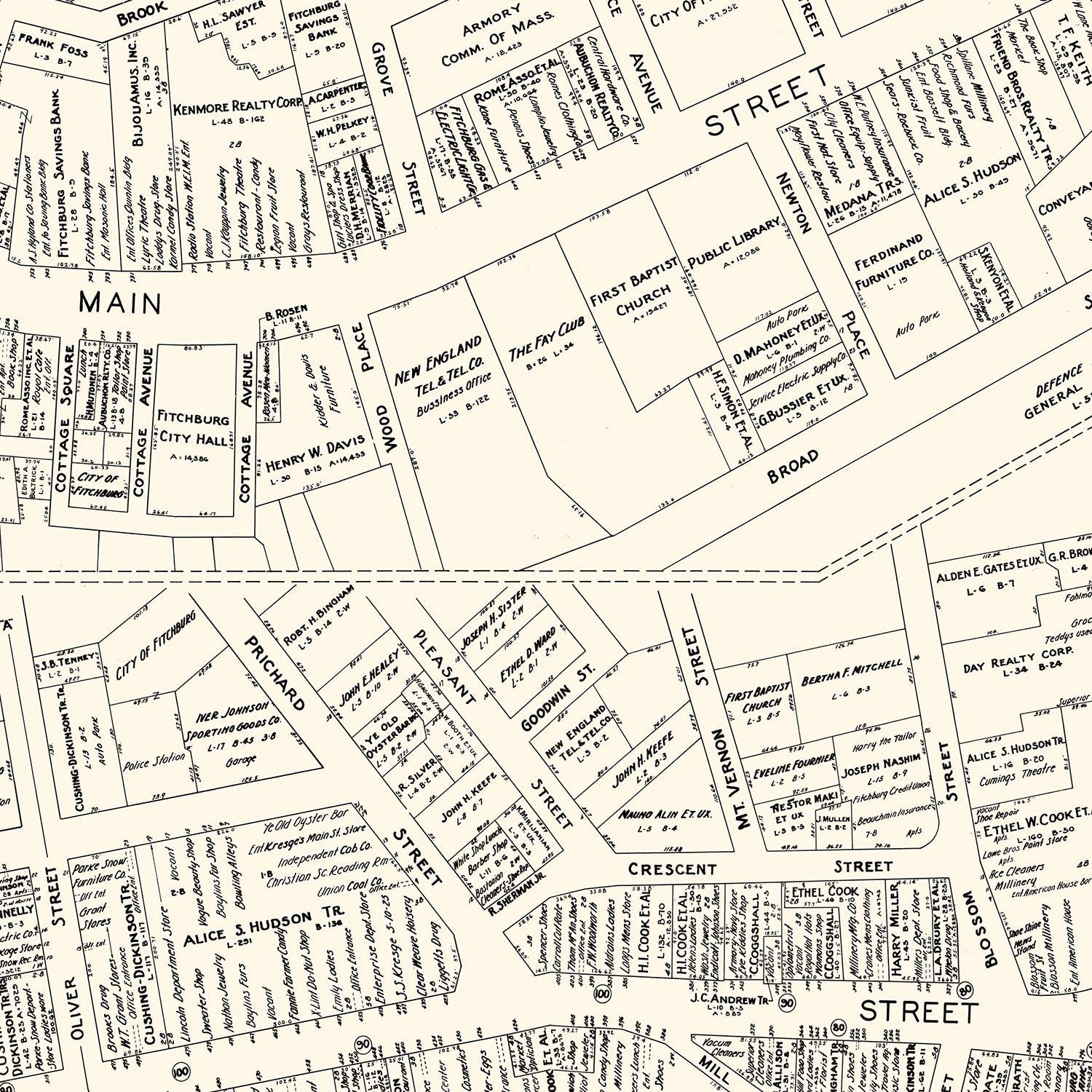Vintage Map of Fitchburg, MA Business Section 1946