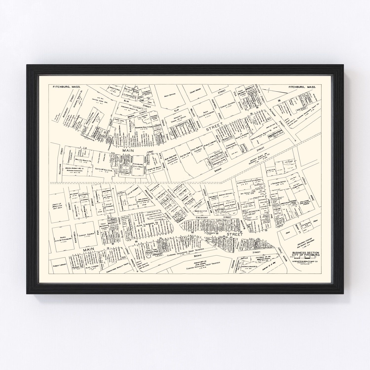 Vintage Map of Fitchburg, MA Business Section 1946