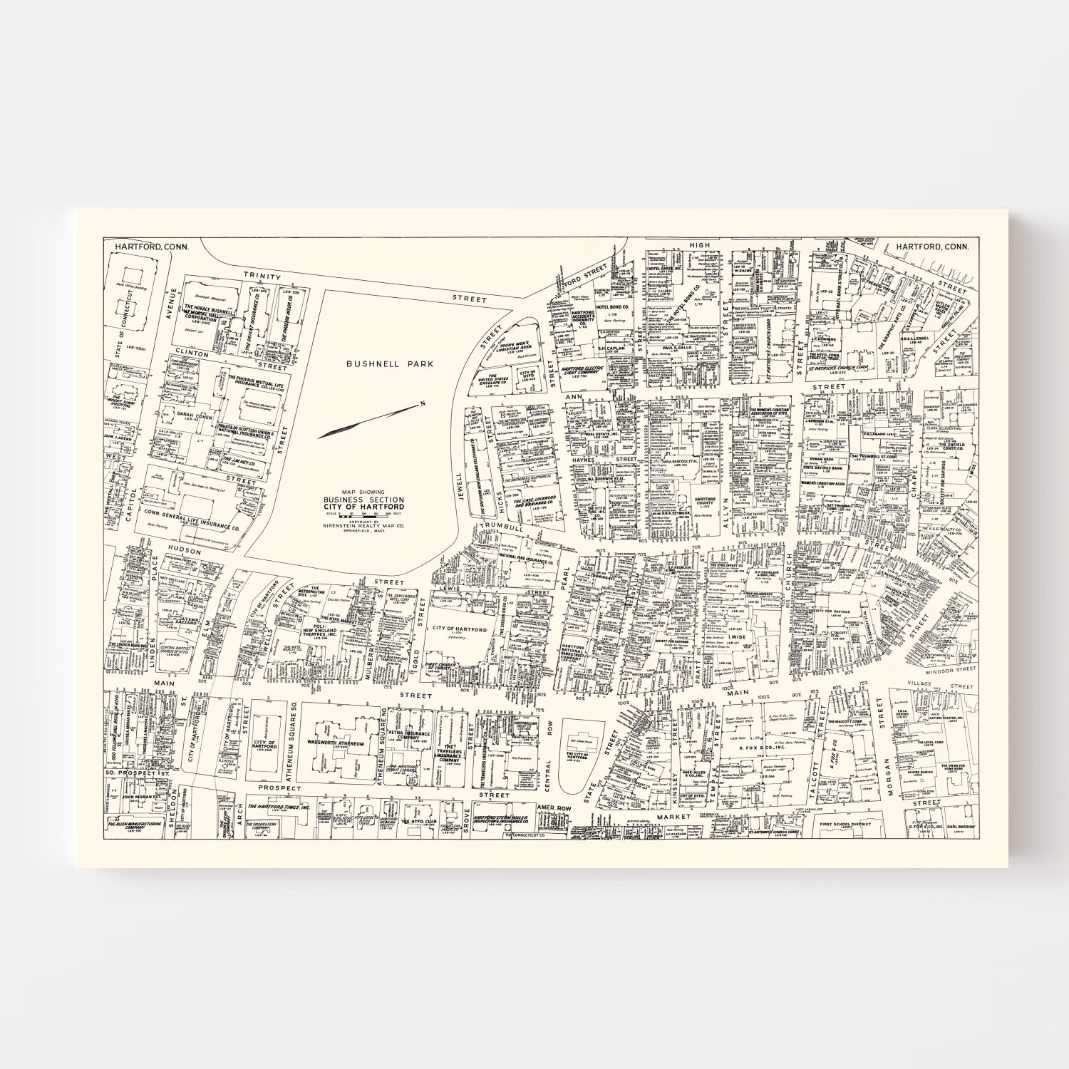 Vintage Map of Hartford, CT Business Section 1946
