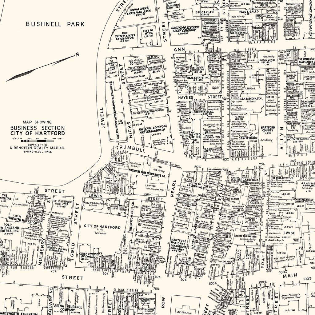 Vintage Map of Hartford, CT Business Section 1946