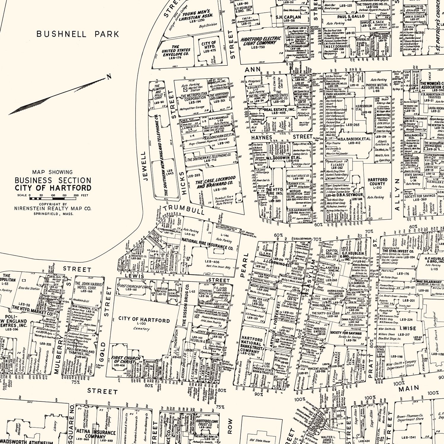 Vintage Map of Hartford, CT Business Section 1946