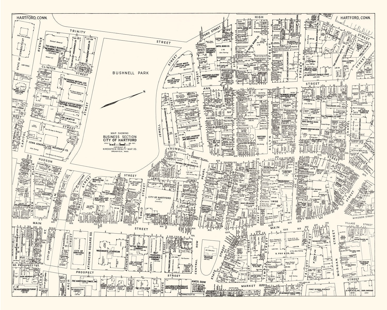 Vintage Map of Hartford, CT Business Section 1946