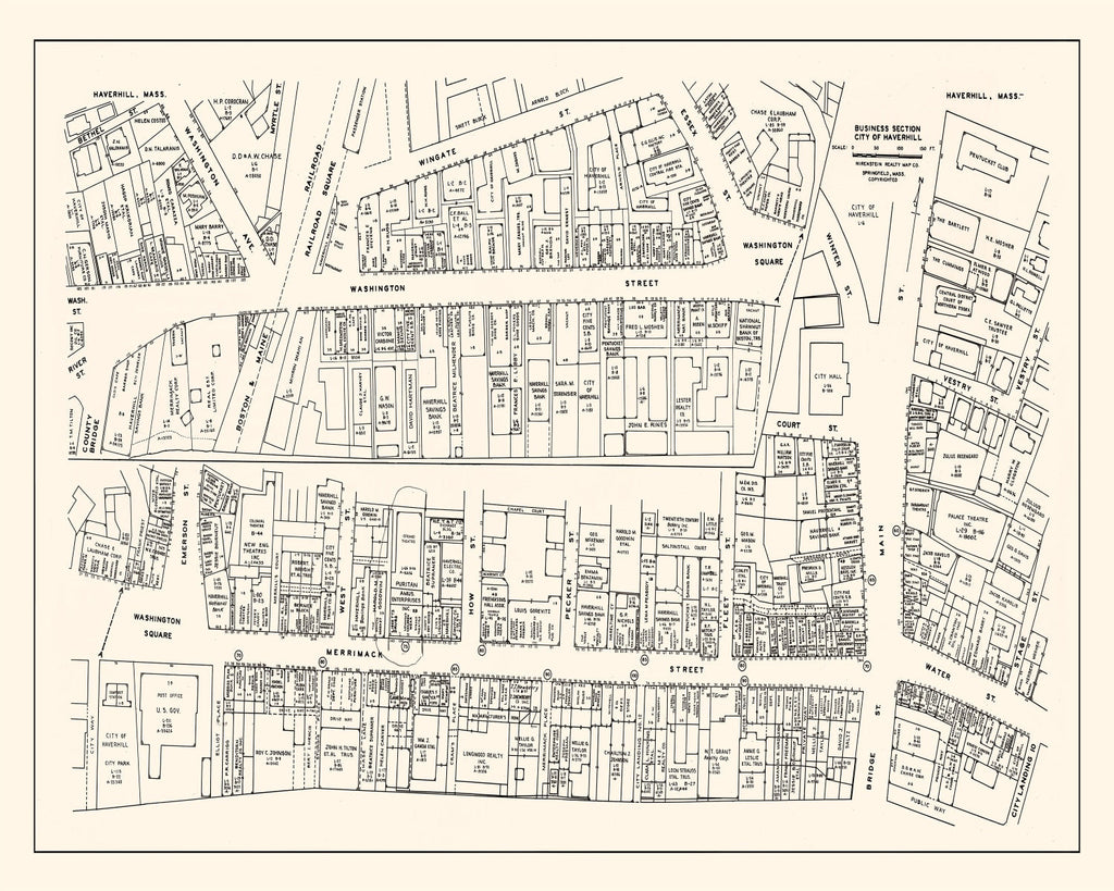 Vintage Map of Haverhill, MA Business Section 1946