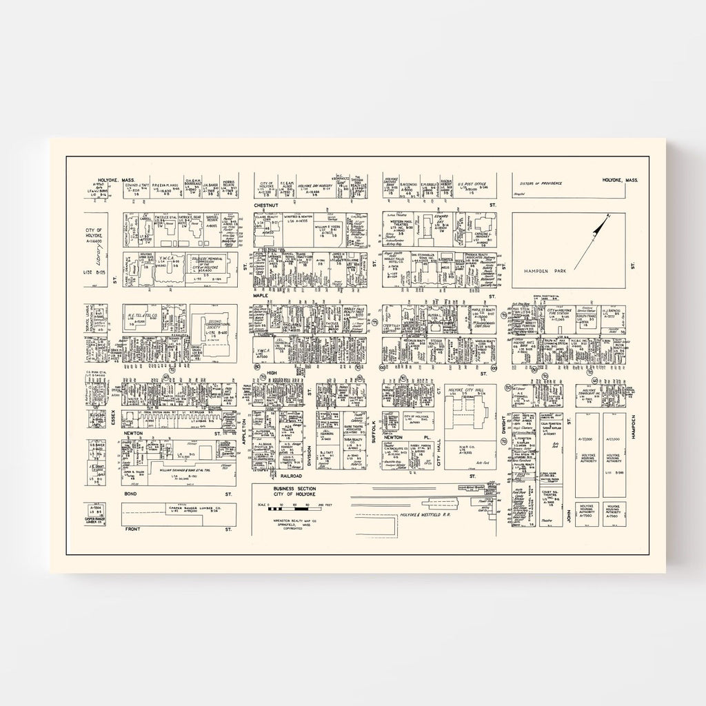 Vintage Map of Holyoke, MA Business Section 1946