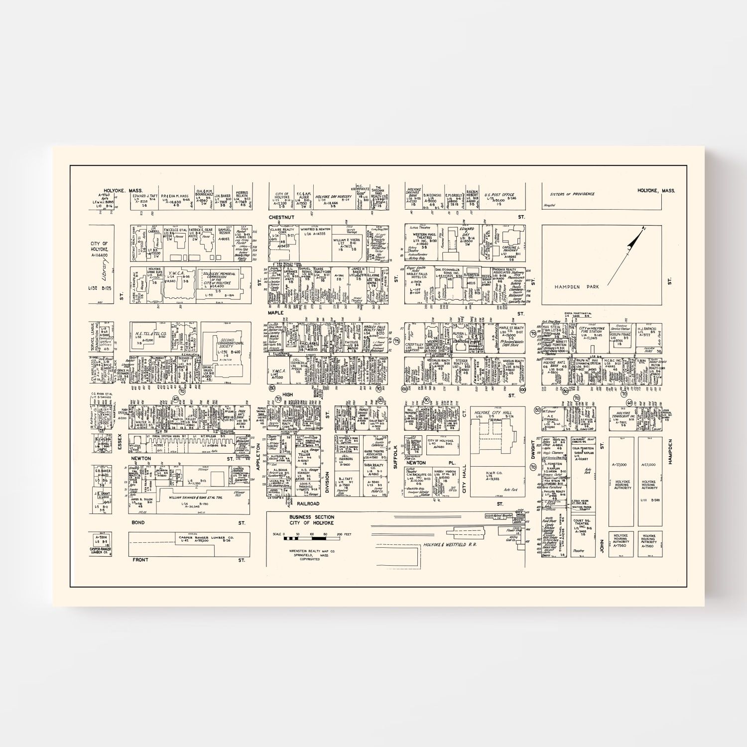 Vintage Map of Holyoke, MA Business Section 1946