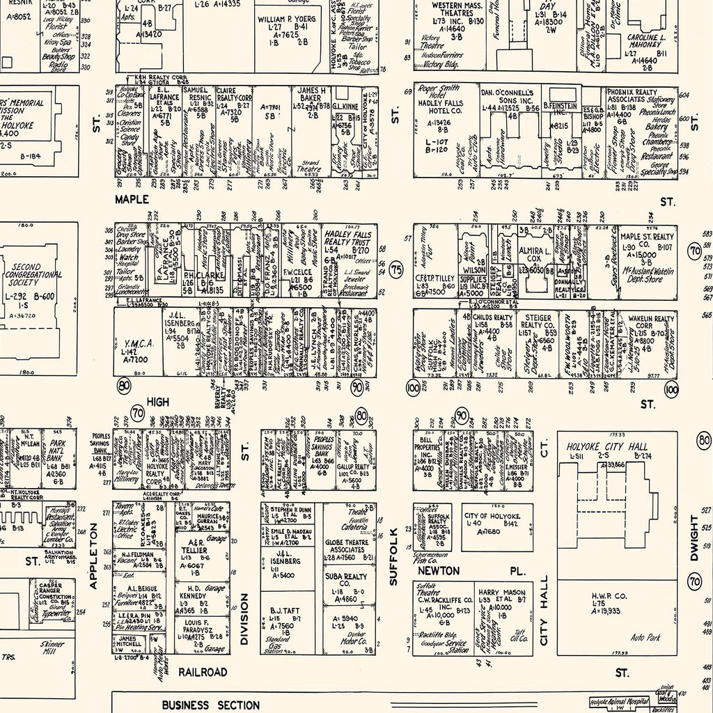 Vintage Map of Holyoke, MA Business Section 1946
