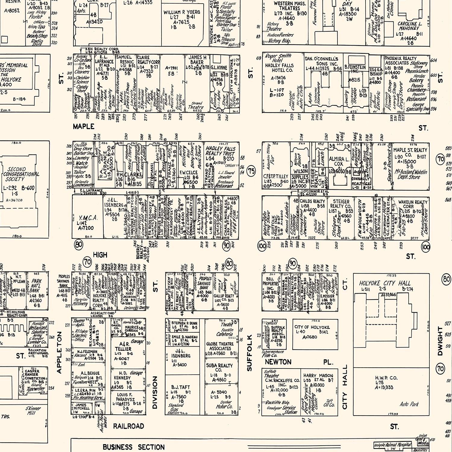 Vintage Map of Holyoke, MA Business Section 1946