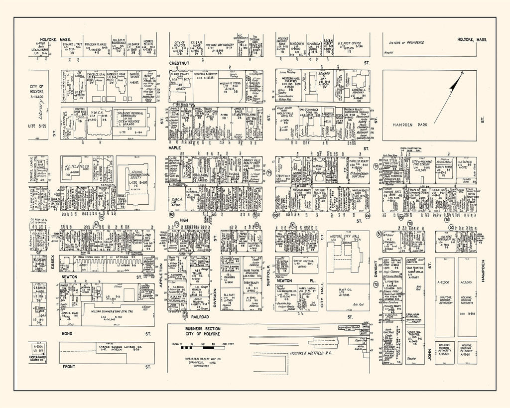 Vintage Map of Holyoke, MA Business Section 1946