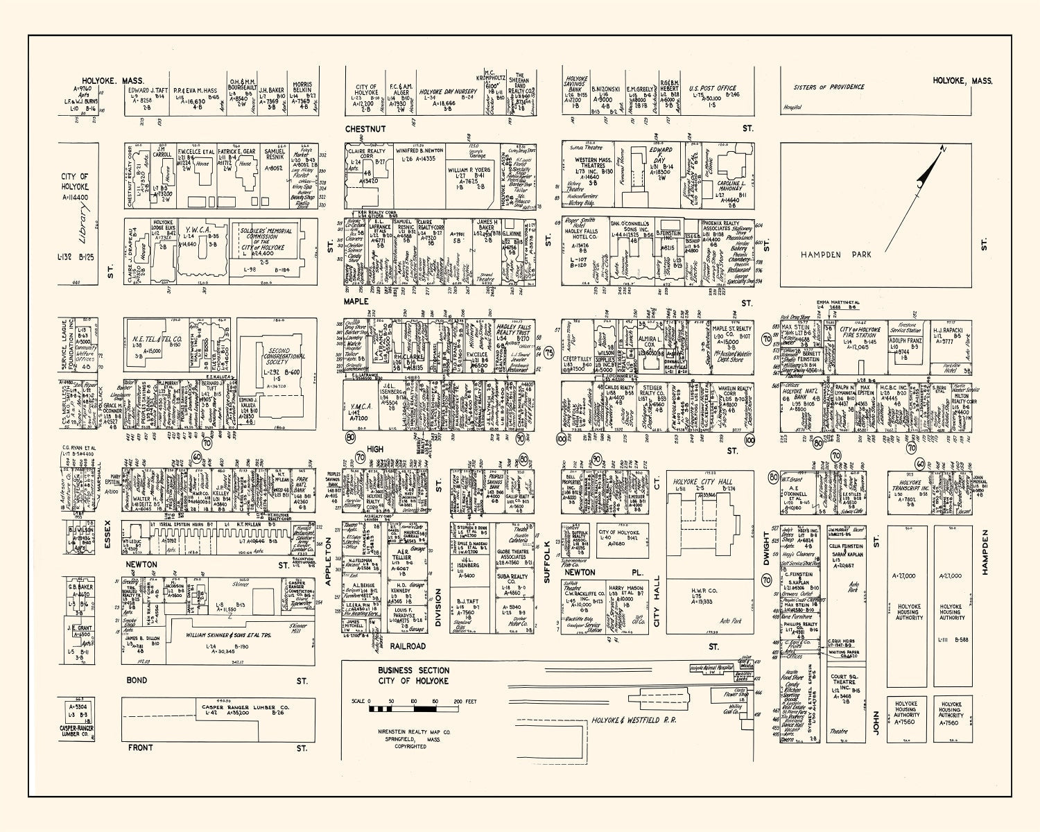 Vintage Map of Holyoke, MA Business Section 1946