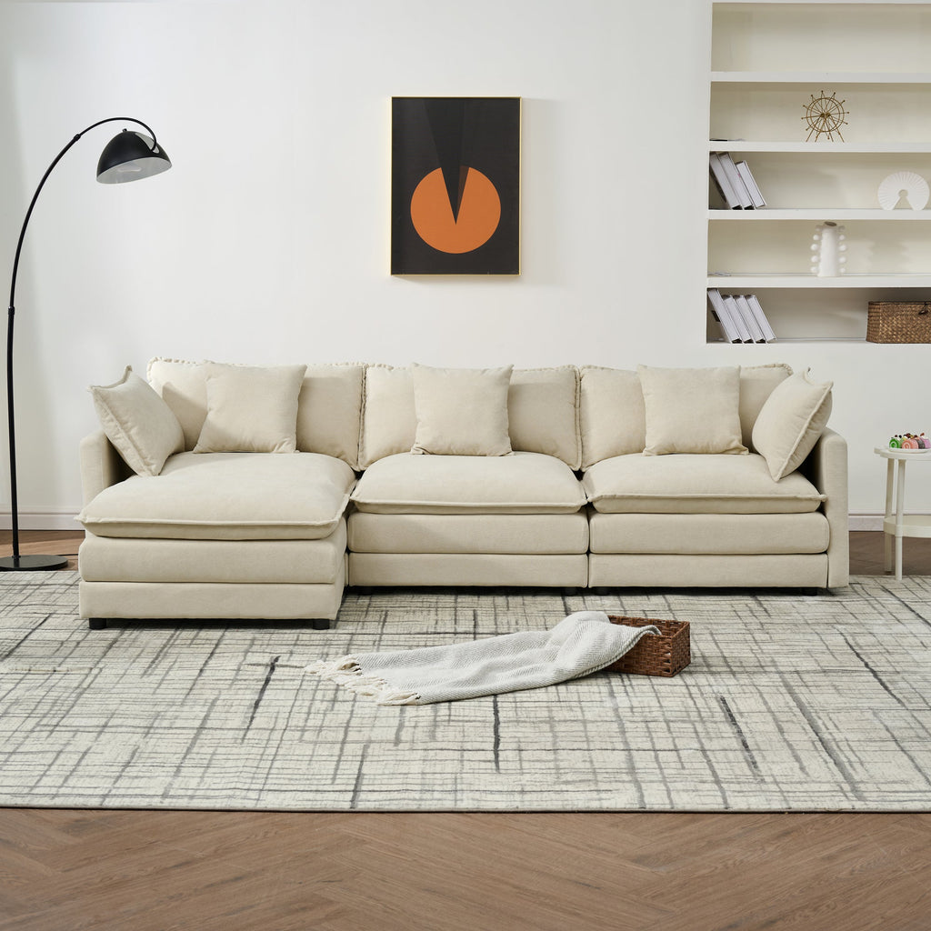 Modular Ottoman-Style Deep Seat Chenille Sofa with Cushions, Off-White, 110-Inch L-Shaped