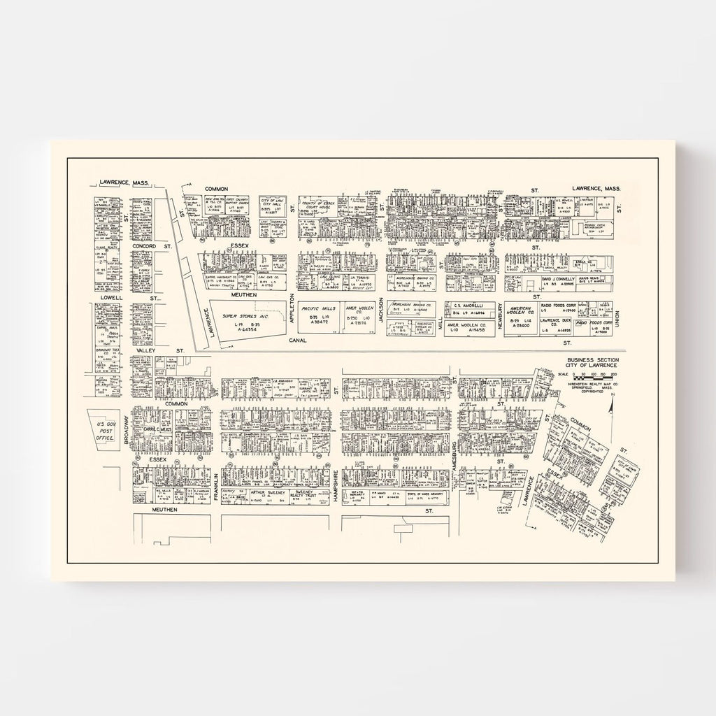 Vintage Map of Lawrence, MA Business Section 1946