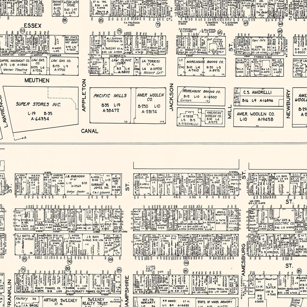 Vintage Map of Lawrence, MA Business Section 1946