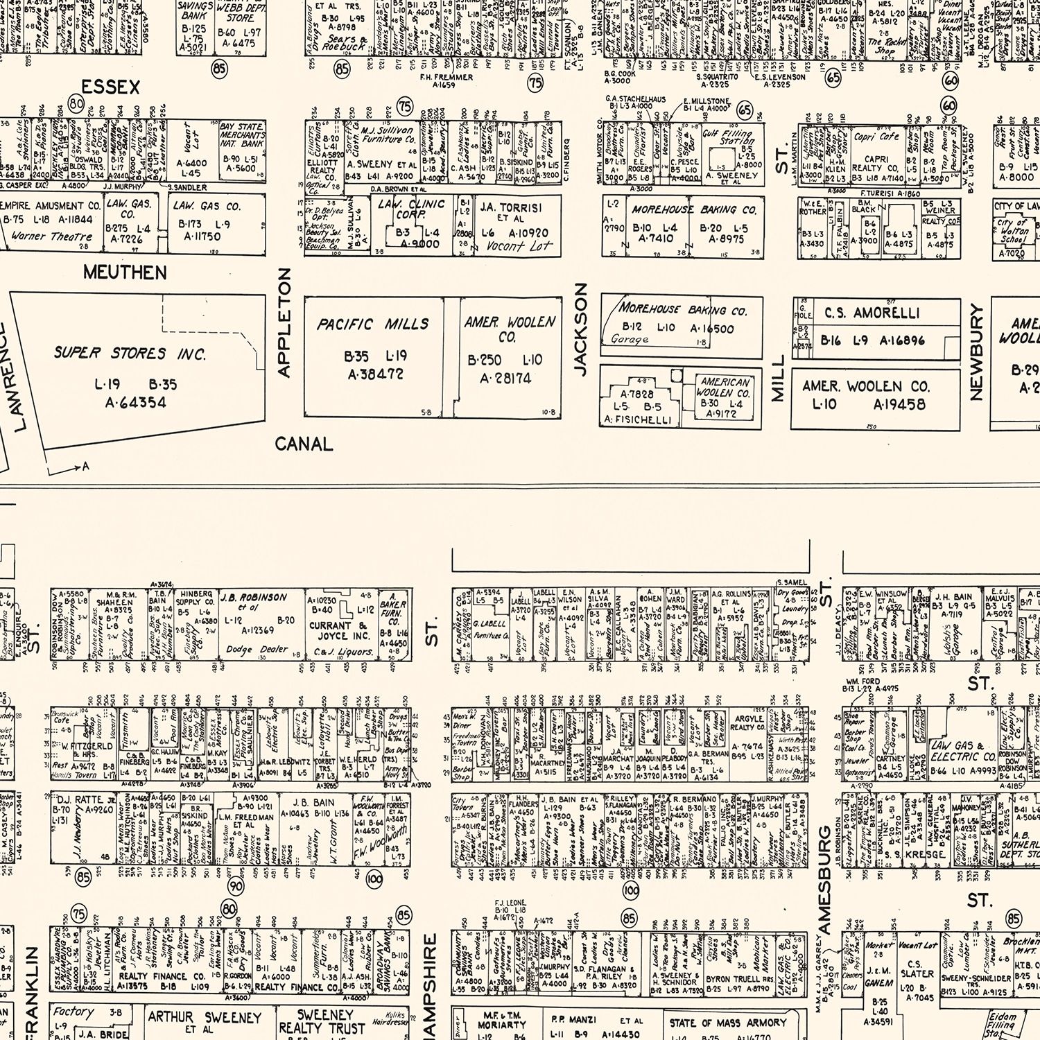 Vintage Map of Lawrence, MA Business Section 1946