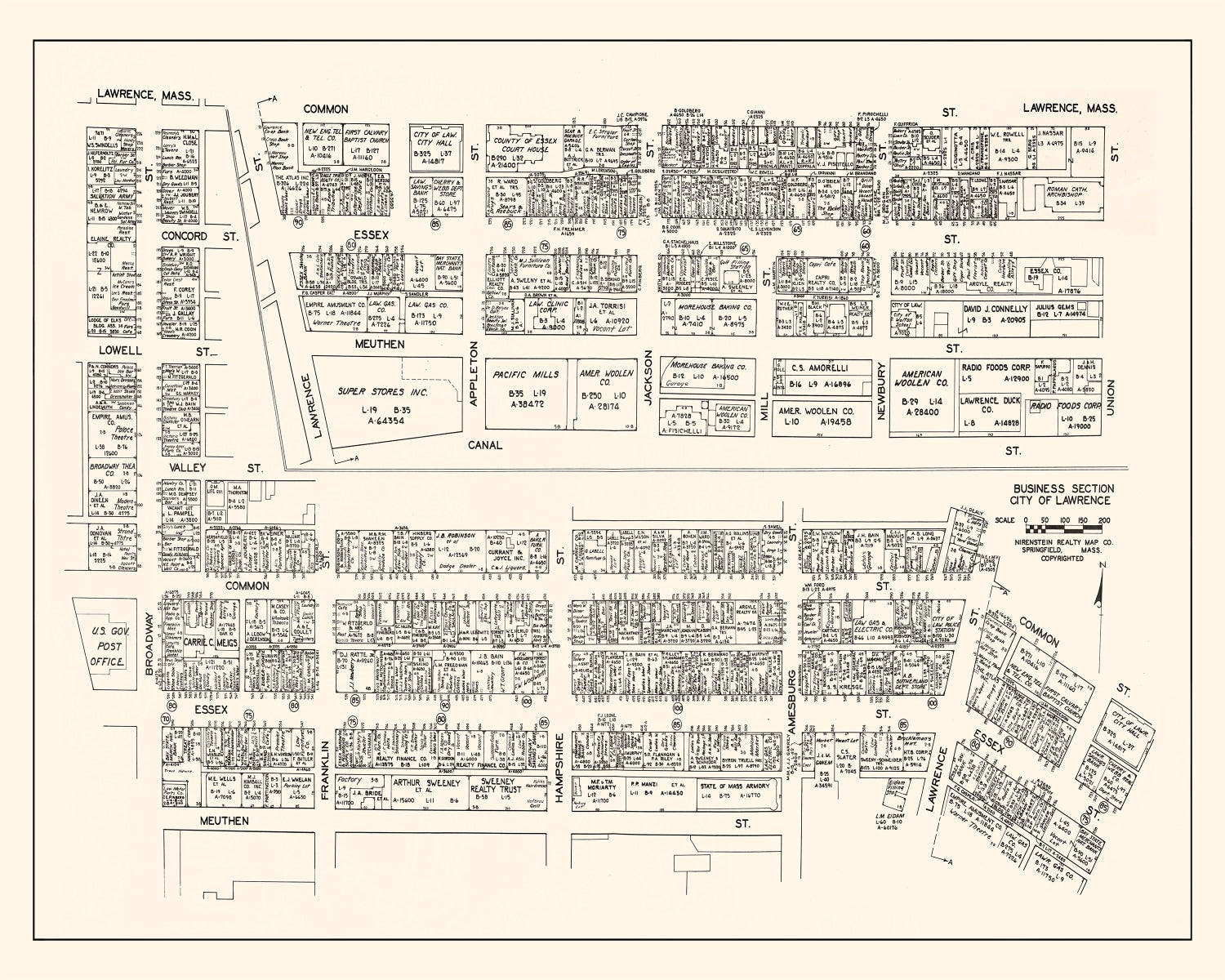 Vintage Map of Lawrence, MA Business Section 1946