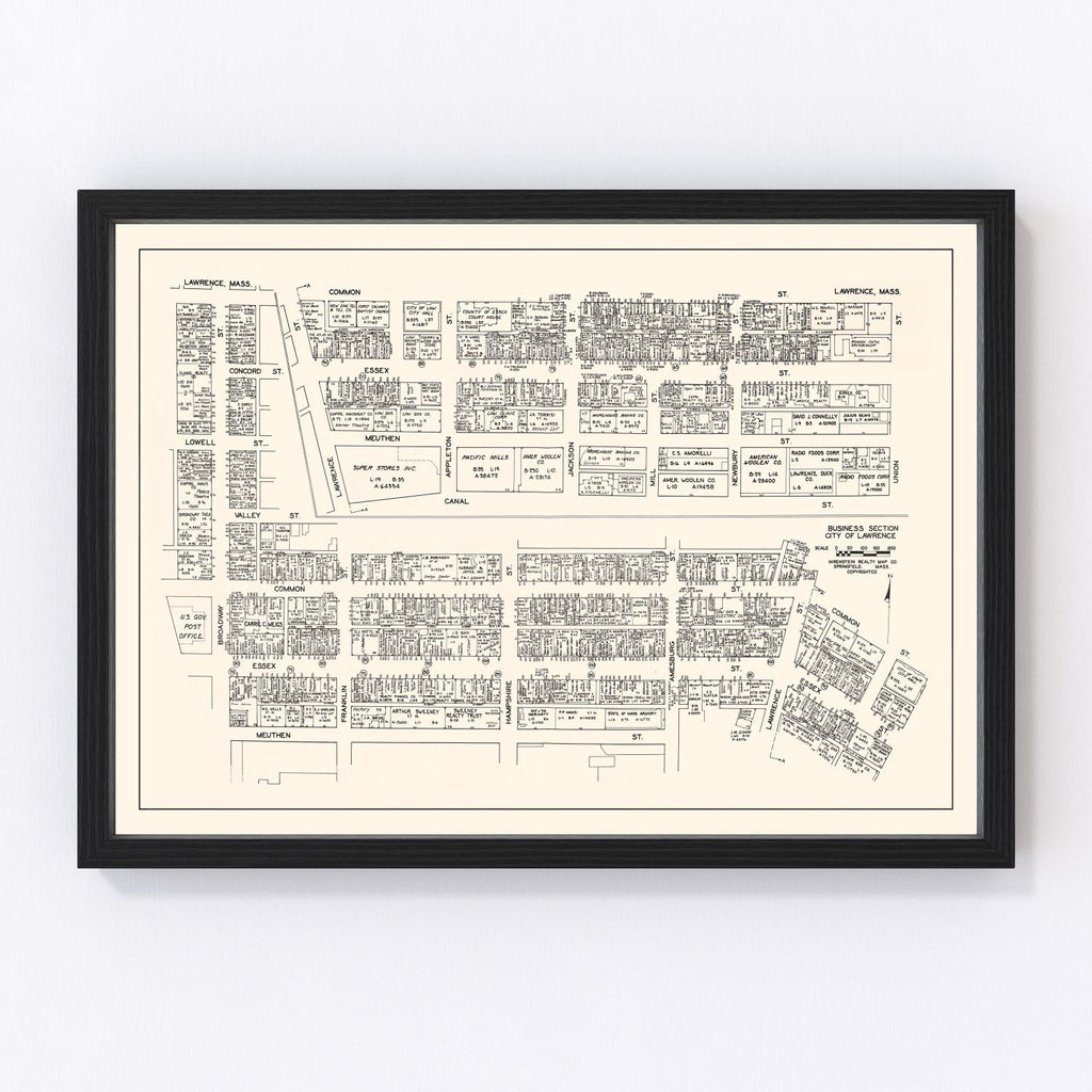 Vintage Map of Lawrence, MA Business Section 1946