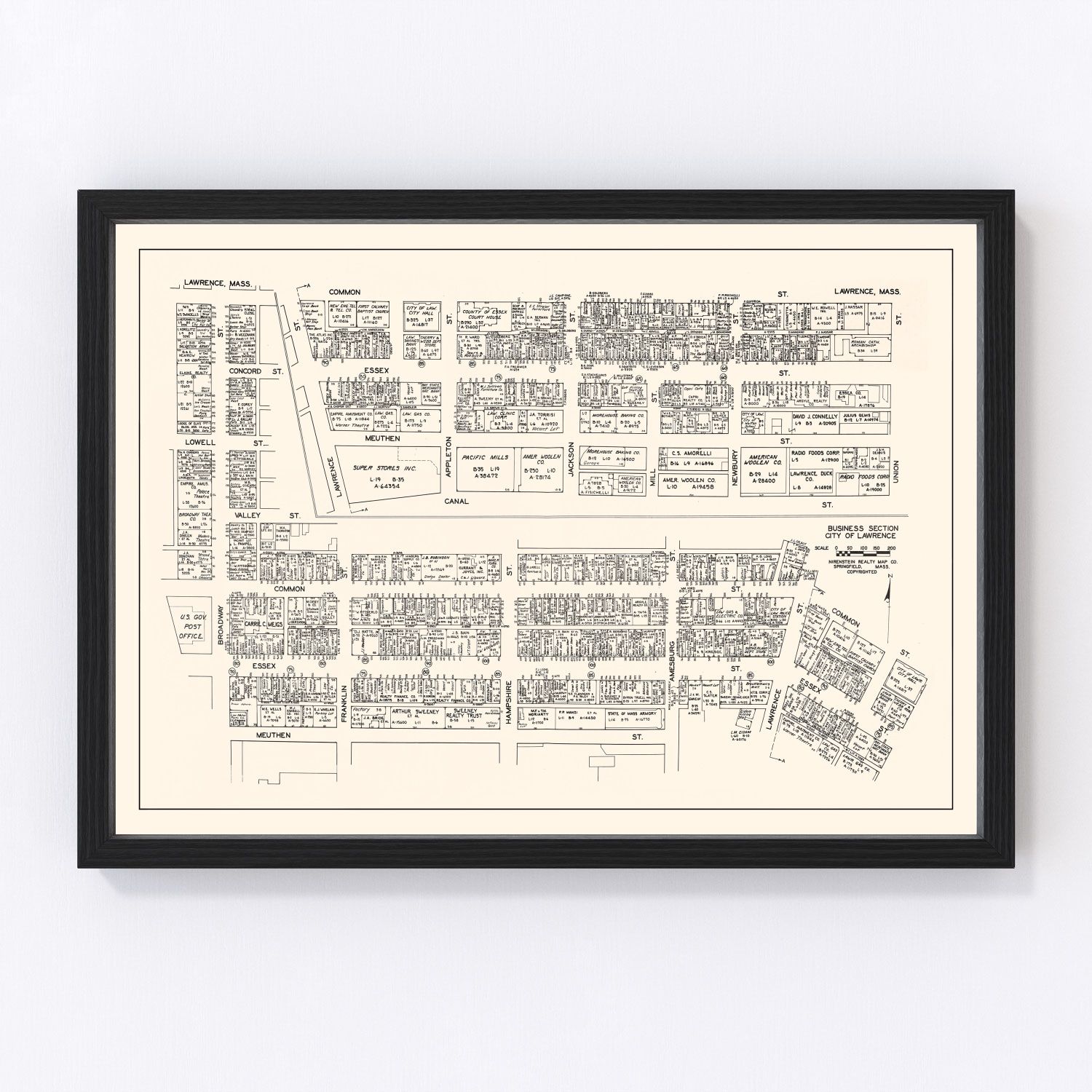 Vintage Map of Lawrence, MA Business Section 1946