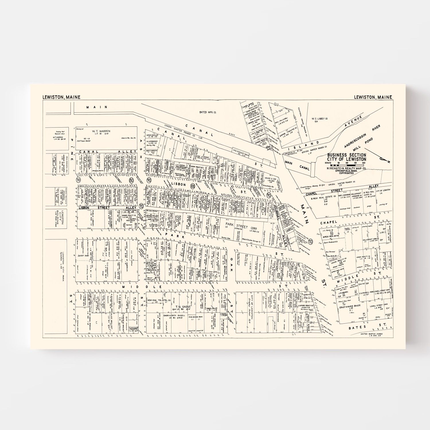 Vintage Map of Lewiston, ME Business Section 1946