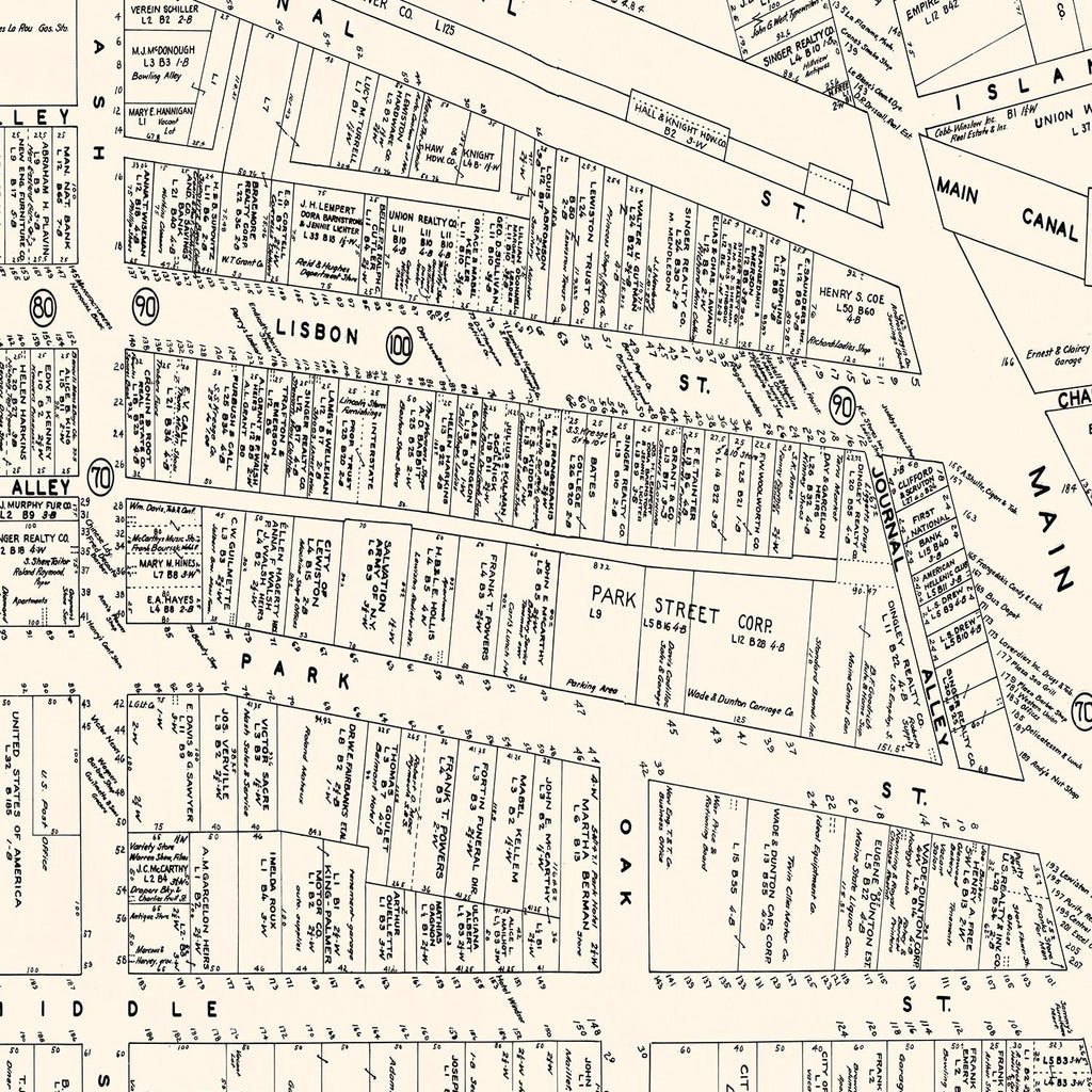 Vintage Map of Lewiston, ME Business Section 1946